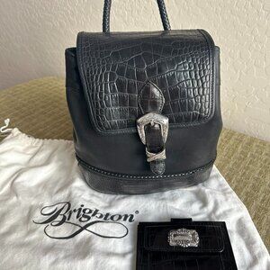 Brighton Pebble/Croc All-Leather Drawstring Backpack and Matching Wallet